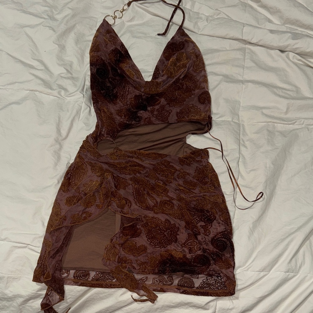 Windsor Brown Paisley Cutout Halter Mini Dress